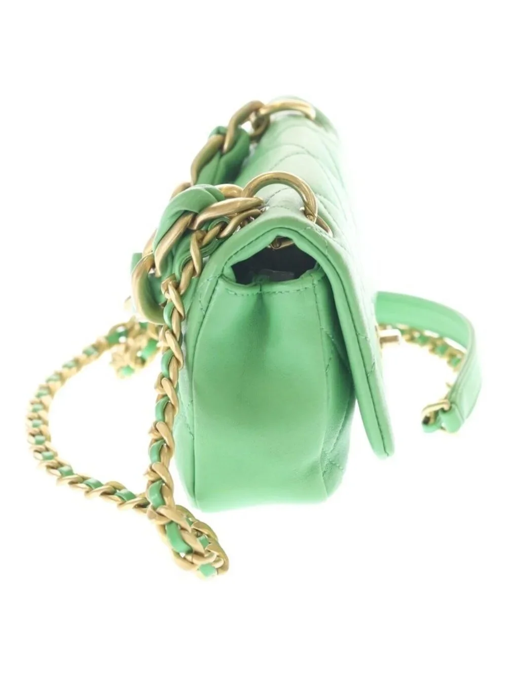 Chanel Quilted 18 Lambskin Leather Chain Shoulder Bag Gold Green